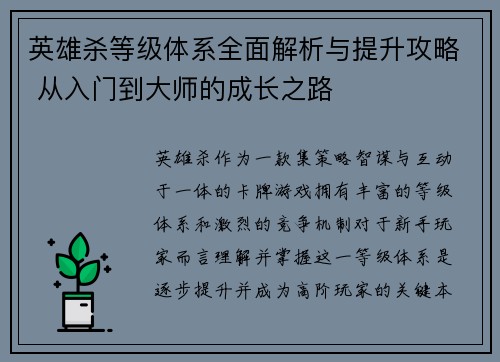 英雄杀等级体系全面解析与提升攻略 从入门到大师的成长之路