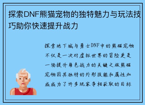 探索DNF熊猫宠物的独特魅力与玩法技巧助你快速提升战力
